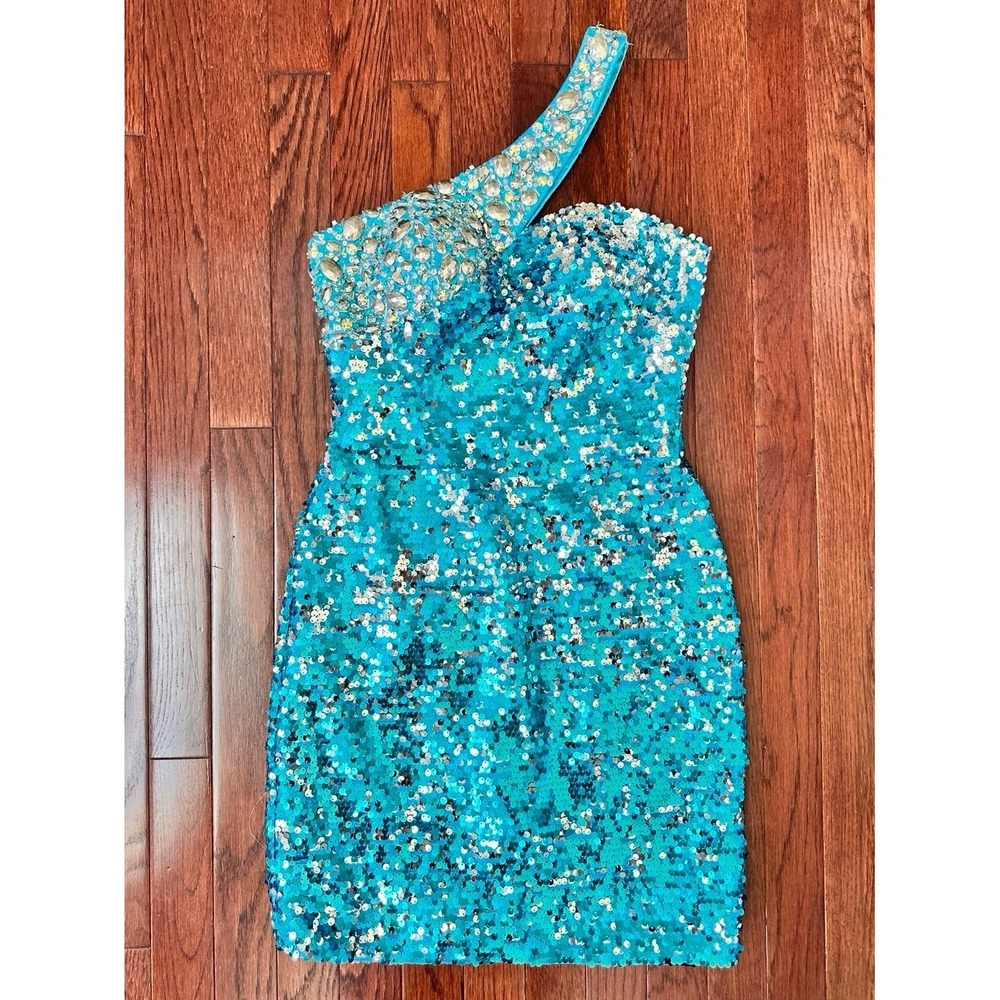 Tony Bowls Blue One Shoulder Fully Sequined Embellished Cocktail Party Dress - Picture 7 of 11